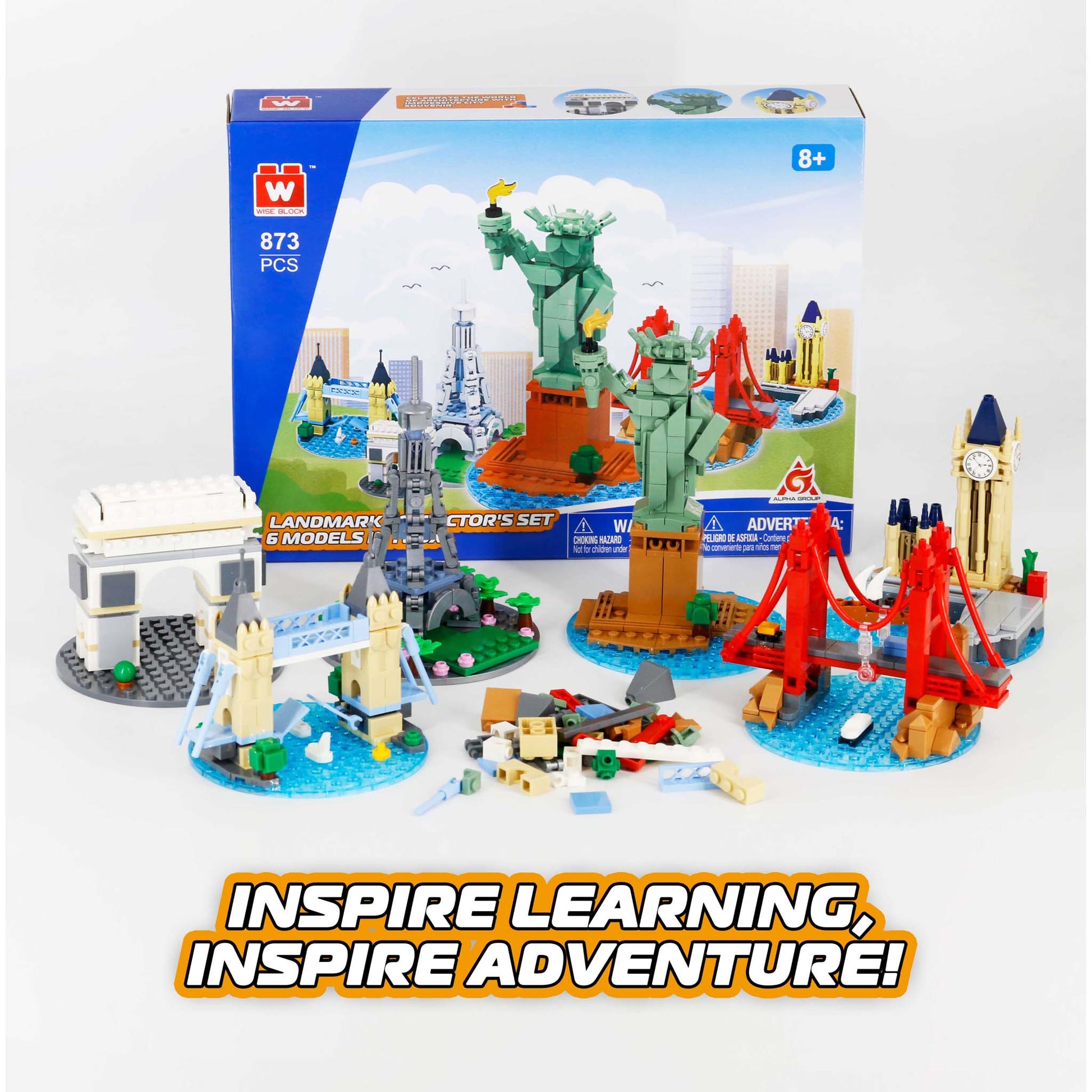 Alpha Toys Building Block Set, Buildable Famous Landmark around the world, USA, FRANCE, UK, Statue of Liberty , Golden Gate Bridge, Eiffel Tower, Arc de Triomphe, Big Ben, Tower Bridge, Culture leaning for kids ages 8+