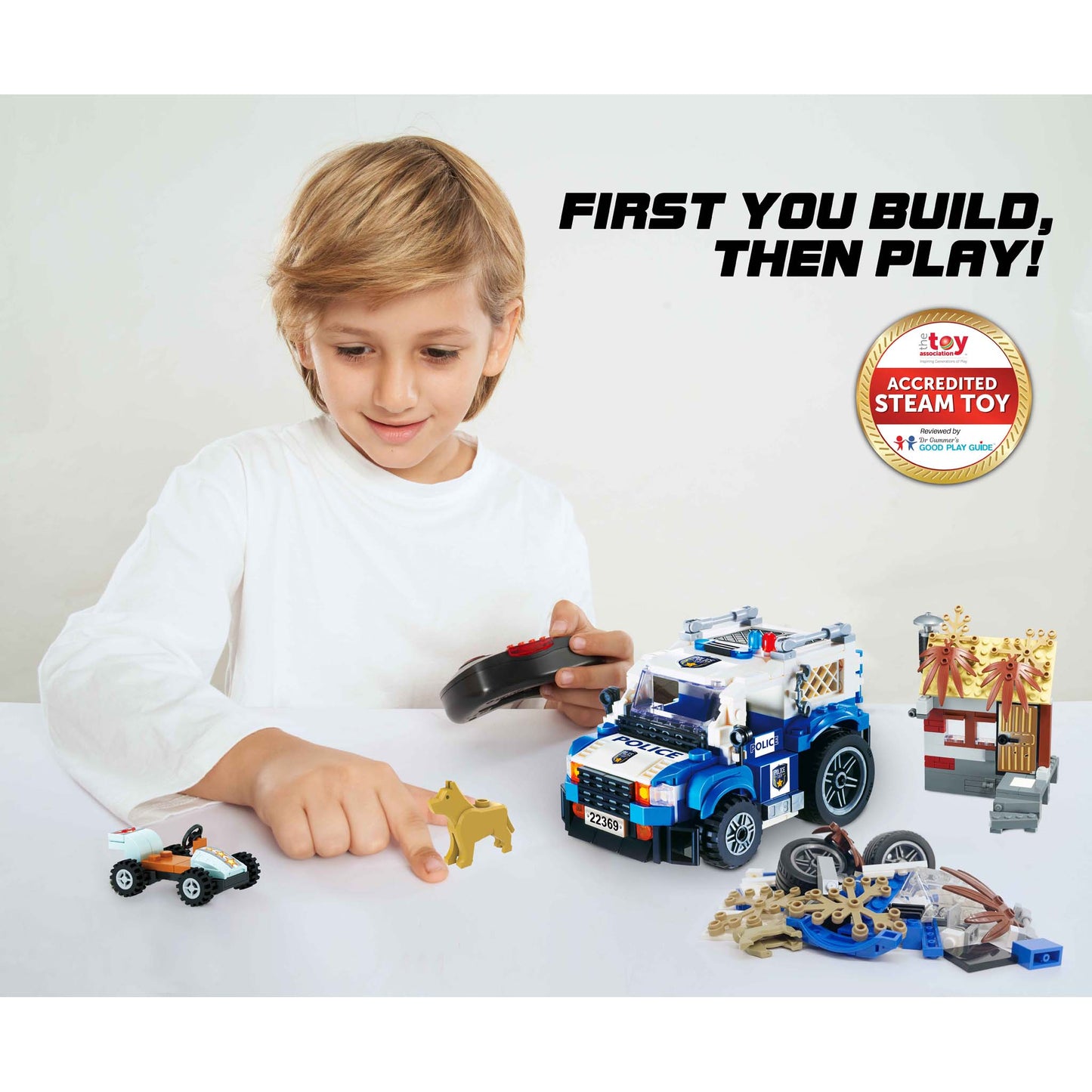 Alpha Toys Wise Block RC Police Car, RC STEM Building Blocks Toy for Ages 8+