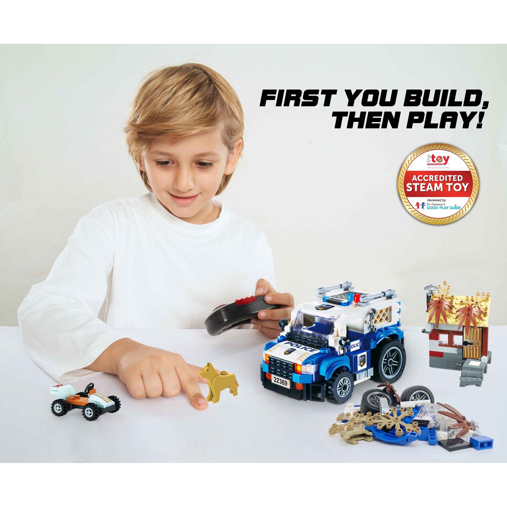 Alpha Toys Wise Block RC Police Car, RC STEM Building Blocks Toy for Ages 8+