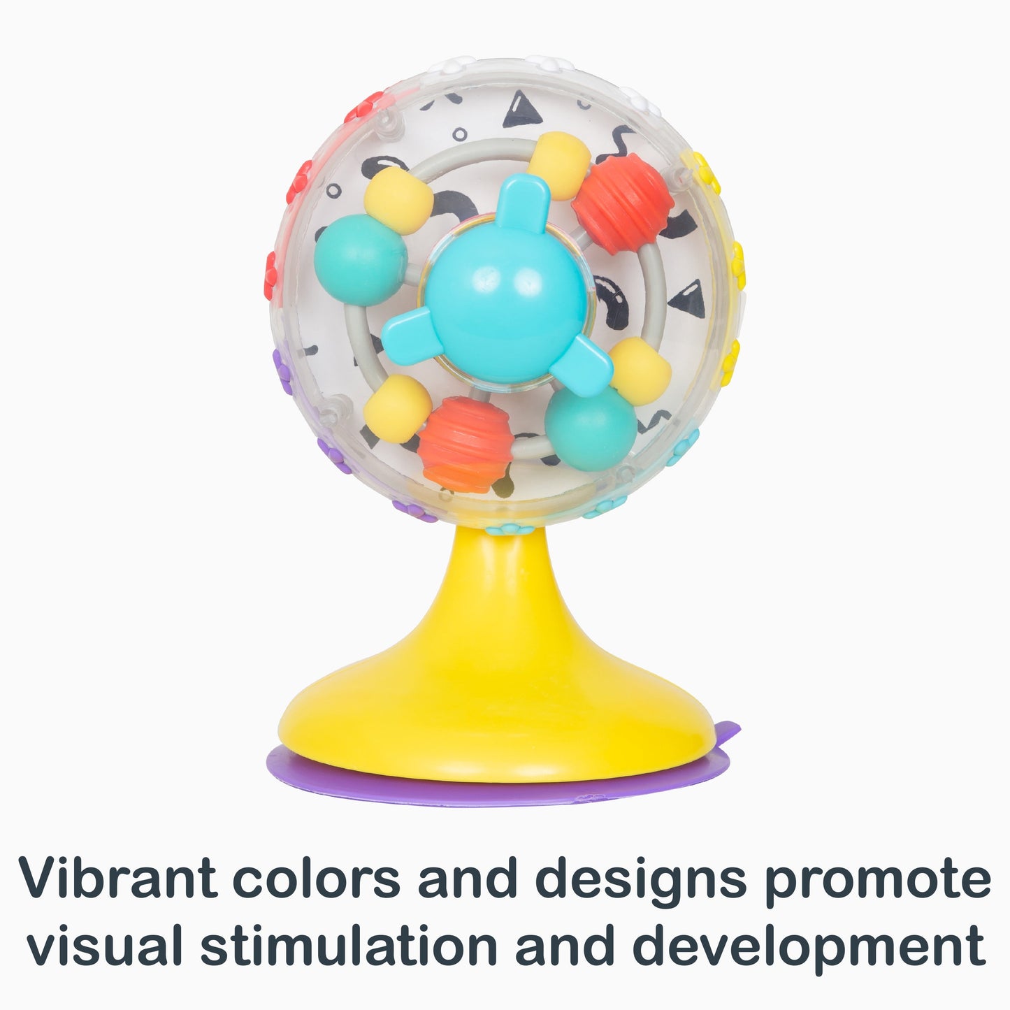 Vibrant colors and designs promote visual stimulation and development of the Smart Steps Space Spin Sensory Wheel