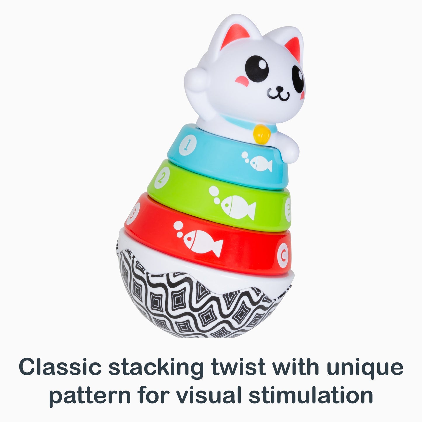 Classic stacking twist with unique pattern for visual stimulation from the Smart Steps Stack-a-Cat STEM toy