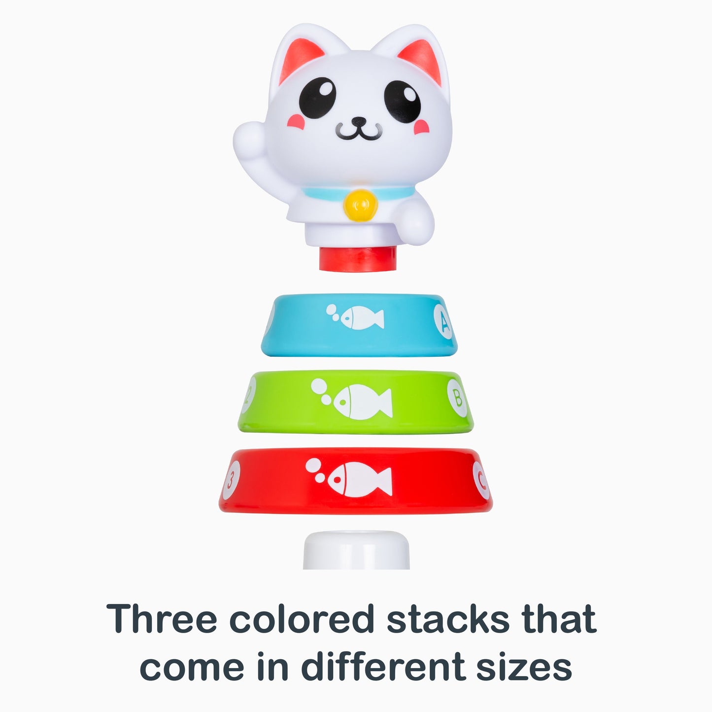 Three colored stacks that come in different sizes from the Smart Steps Stack-a-Cat STEM toy