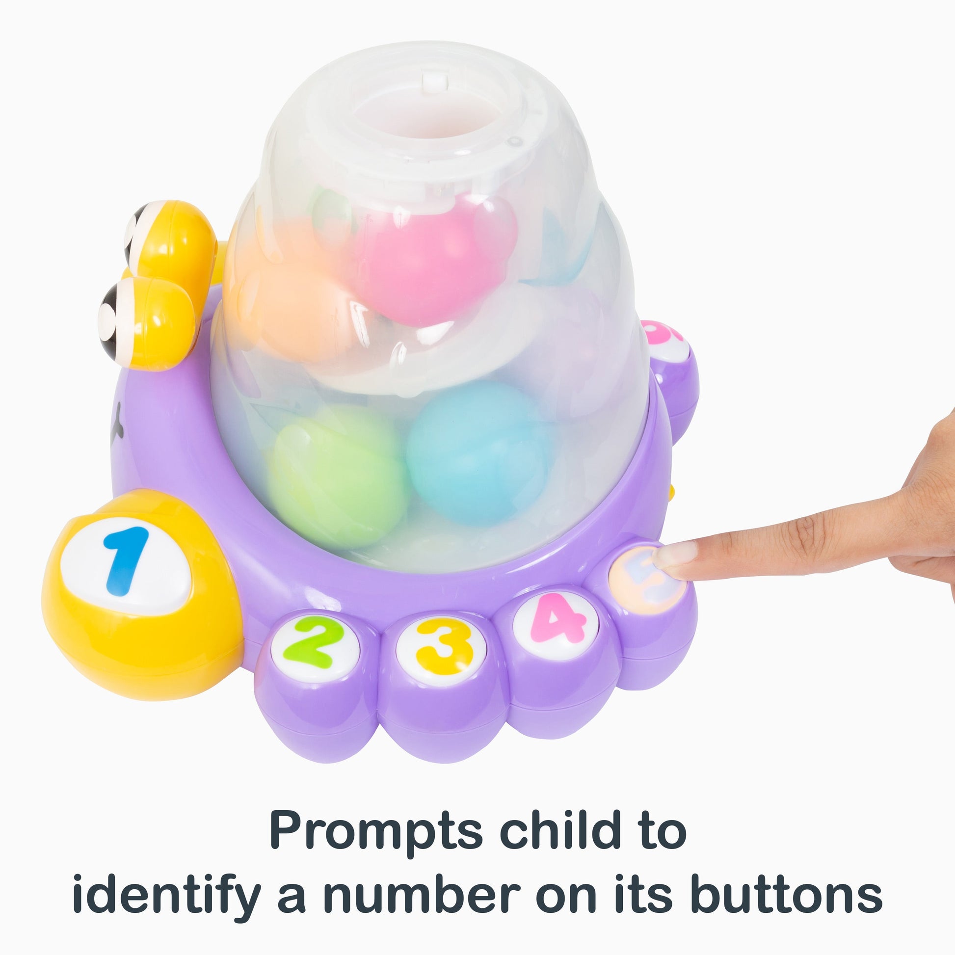 Prompts child to identify a number on its buttons from the Smart Steps Counting Crab STEM toy