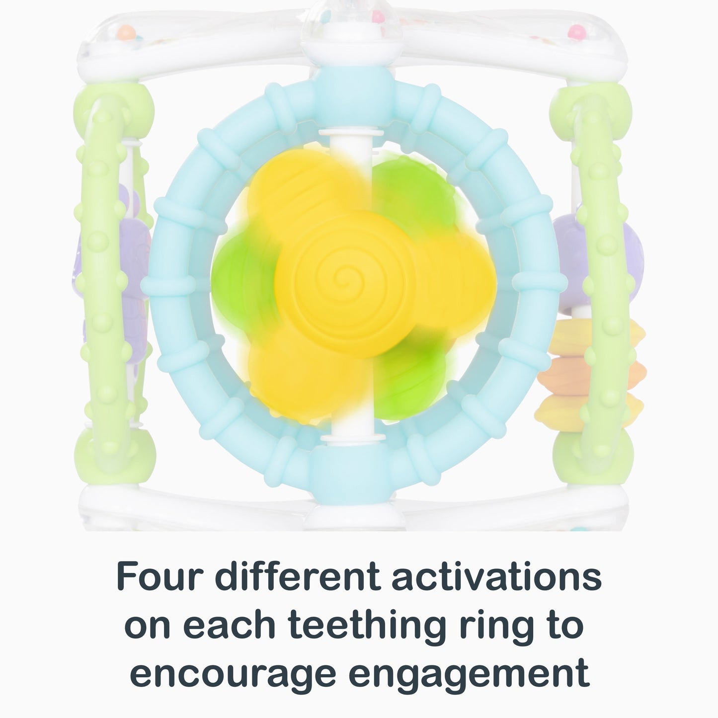 Four different activations on each teething ring​ to encourage engagement from the Smart Steps Grab N' Spin Rattle and Teether