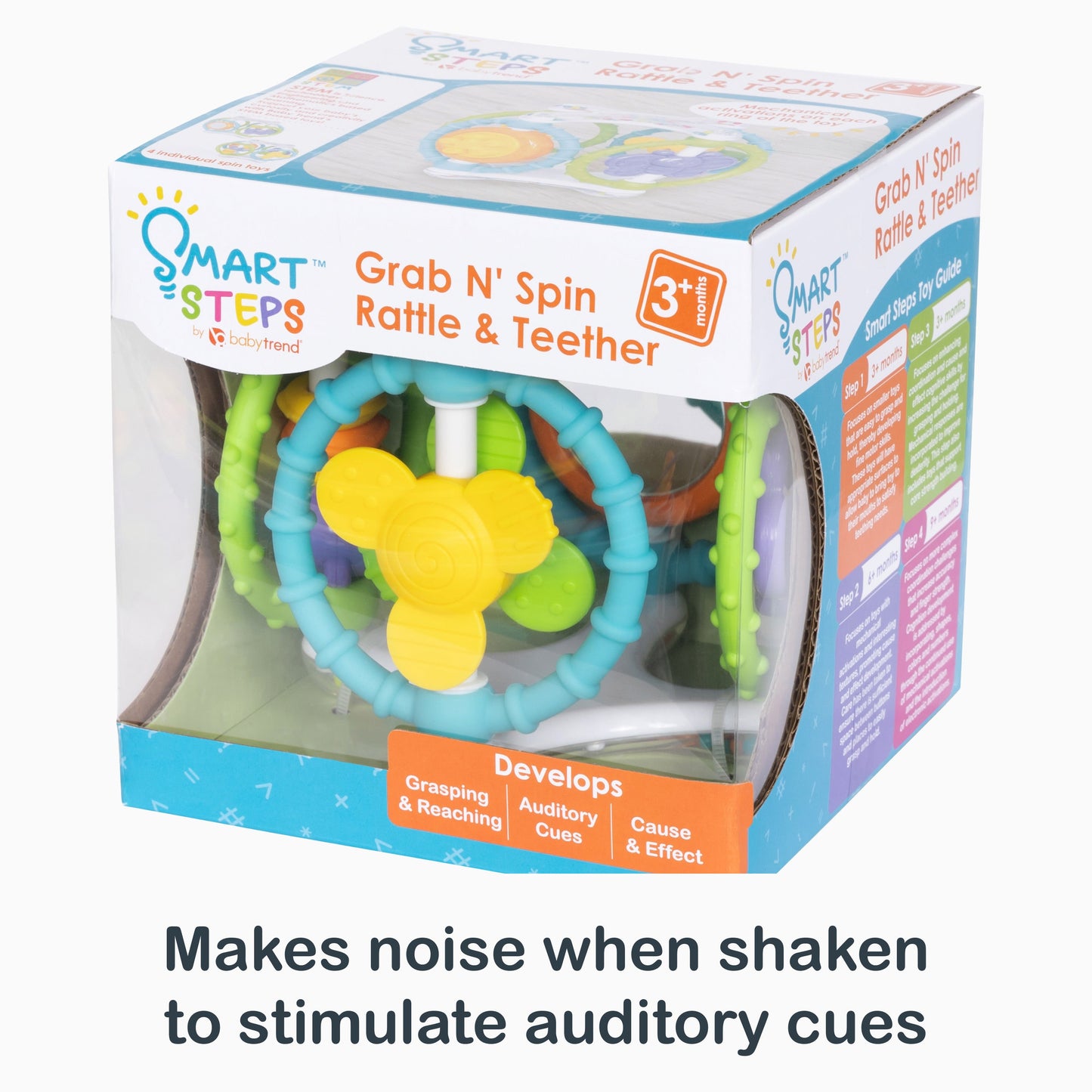 Makes noise when shaken to stimulate auditory cues​ from the Smart Steps Grab N' Spin Rattle and Teether